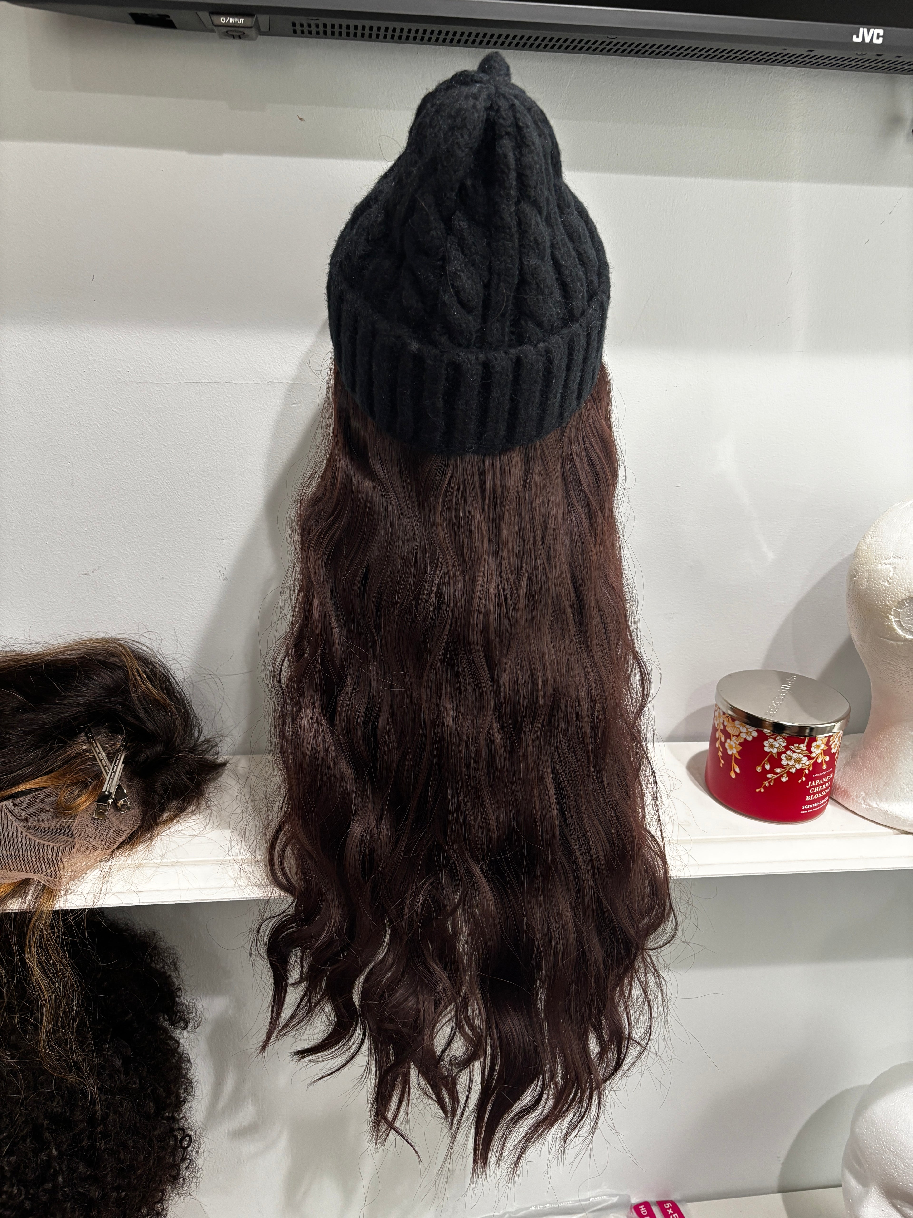 Knitted Skull Hat w/14” (Synthetic Hair)