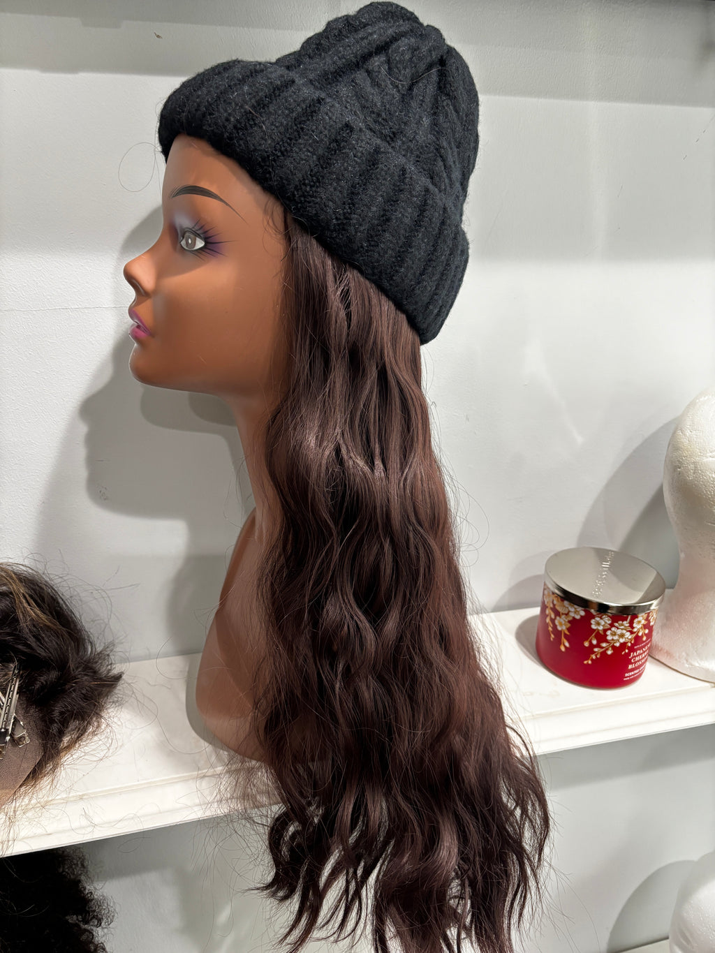 Knitted Skull Hat w/14” (Synthetic Hair)