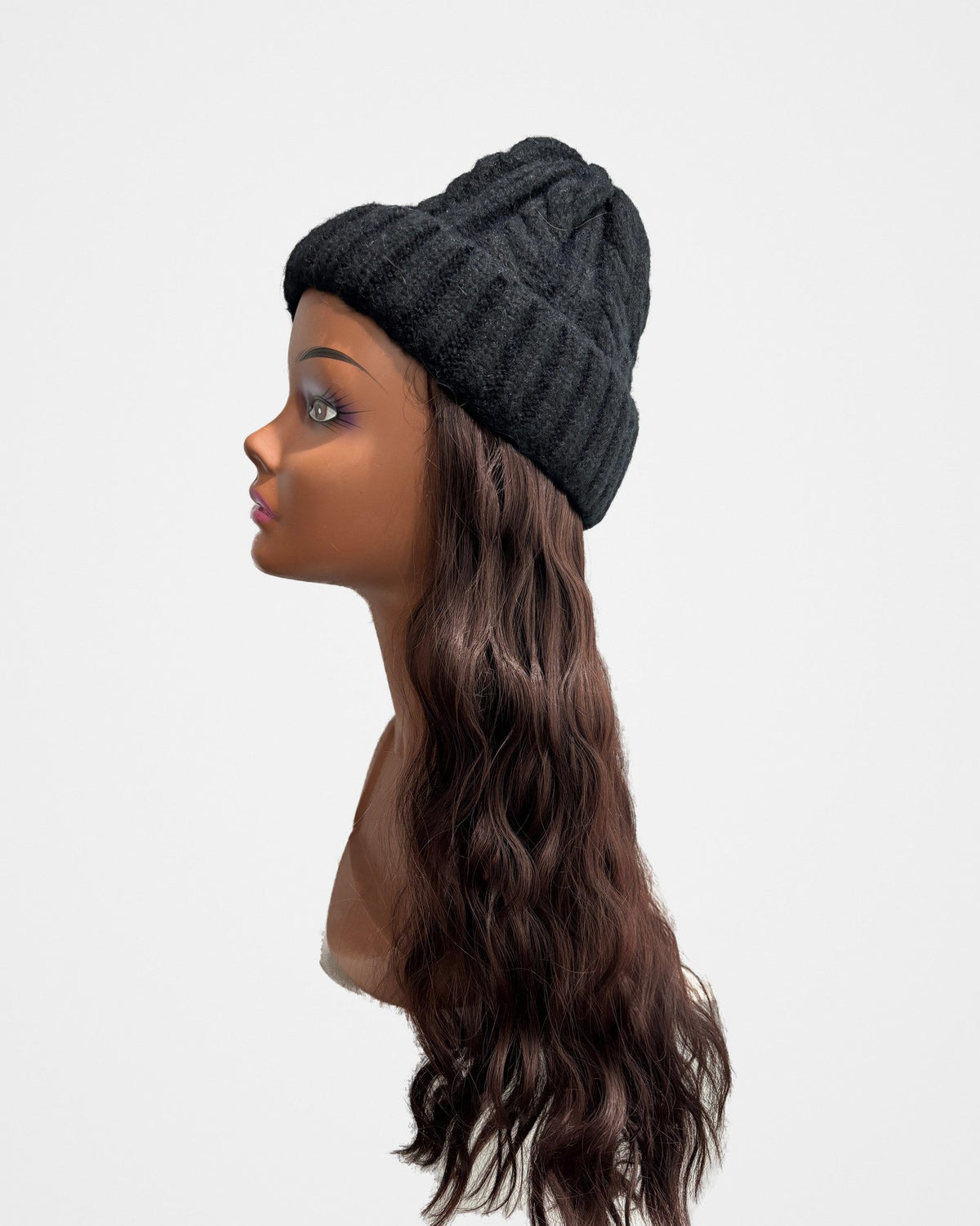 Knitted Skull Hat w/14” (Synthetic Hair), studio photo